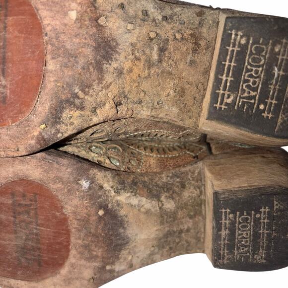 Corral Brown Leather Turquoise Glitter Inlay & Stitching Boots Snip Toe A3352 7M - Picture 13 of 16